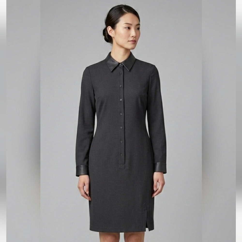 August Silk Charcoal Dress Long Sleeve Button Detail